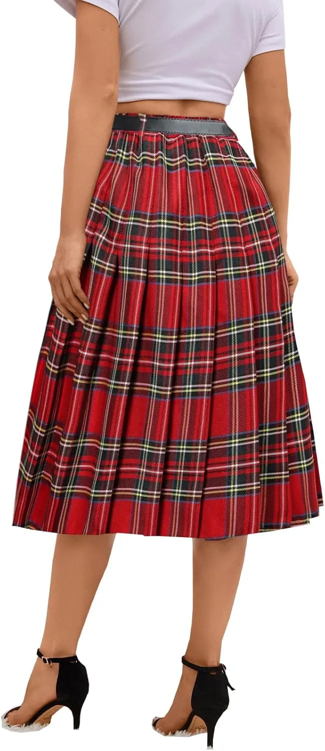 SANGTREE Women's Girls A-Line Long Pleated High Waist Fashion Skirt, School Uniform Cosplay