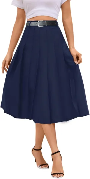 SANGTREE Women's Long Pleated Skirt with Pockets, High Waisted Plain School Uniform A-line Skirts, Long # Navy, US XL