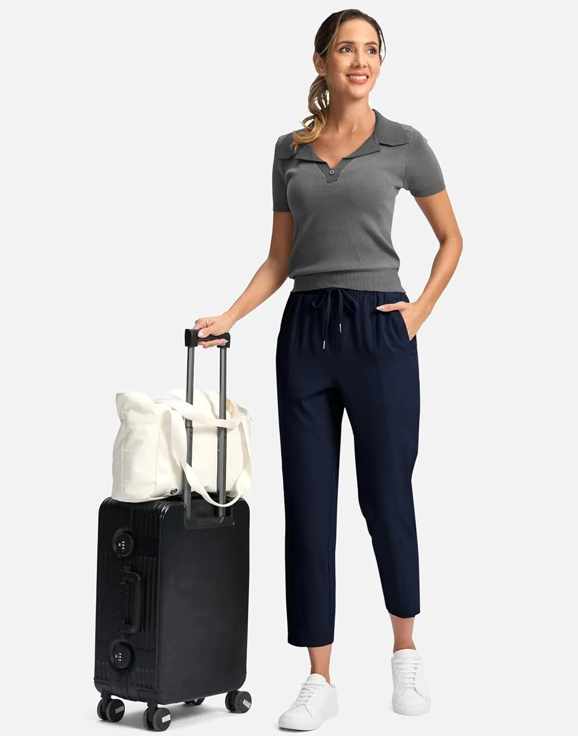 SANTINY Women's Lightweght Pants with Pockets 7/8 High Waisted Stretch Ankle Pants for Women Golf Travel Athletic Casual