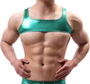 SEAUR Men's Shiny Metallic Sleeveless Half Tank Top Sexy Sparkly Arm Sleeves Shrug Muscle Workout Sports Tops Clubwear