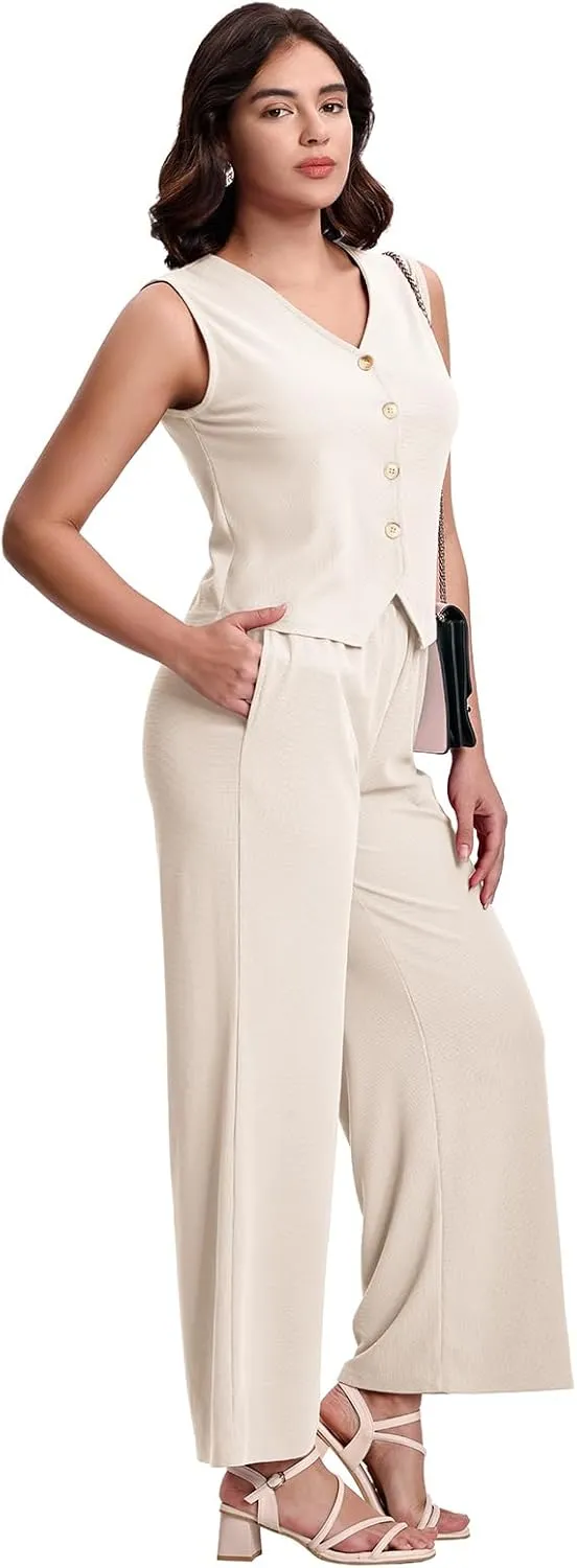 SeSe Code Womens 2 Piece Outfits Business Casual Button Up Vest and Wide Leg Pants Waffle Knit Sleeveless Blazer Suit Set