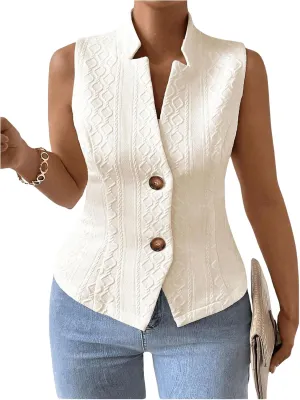 SHENHE Women's Plus Size Button Up Blazer Vest Textured Notched Lapel Business Office Vest Top