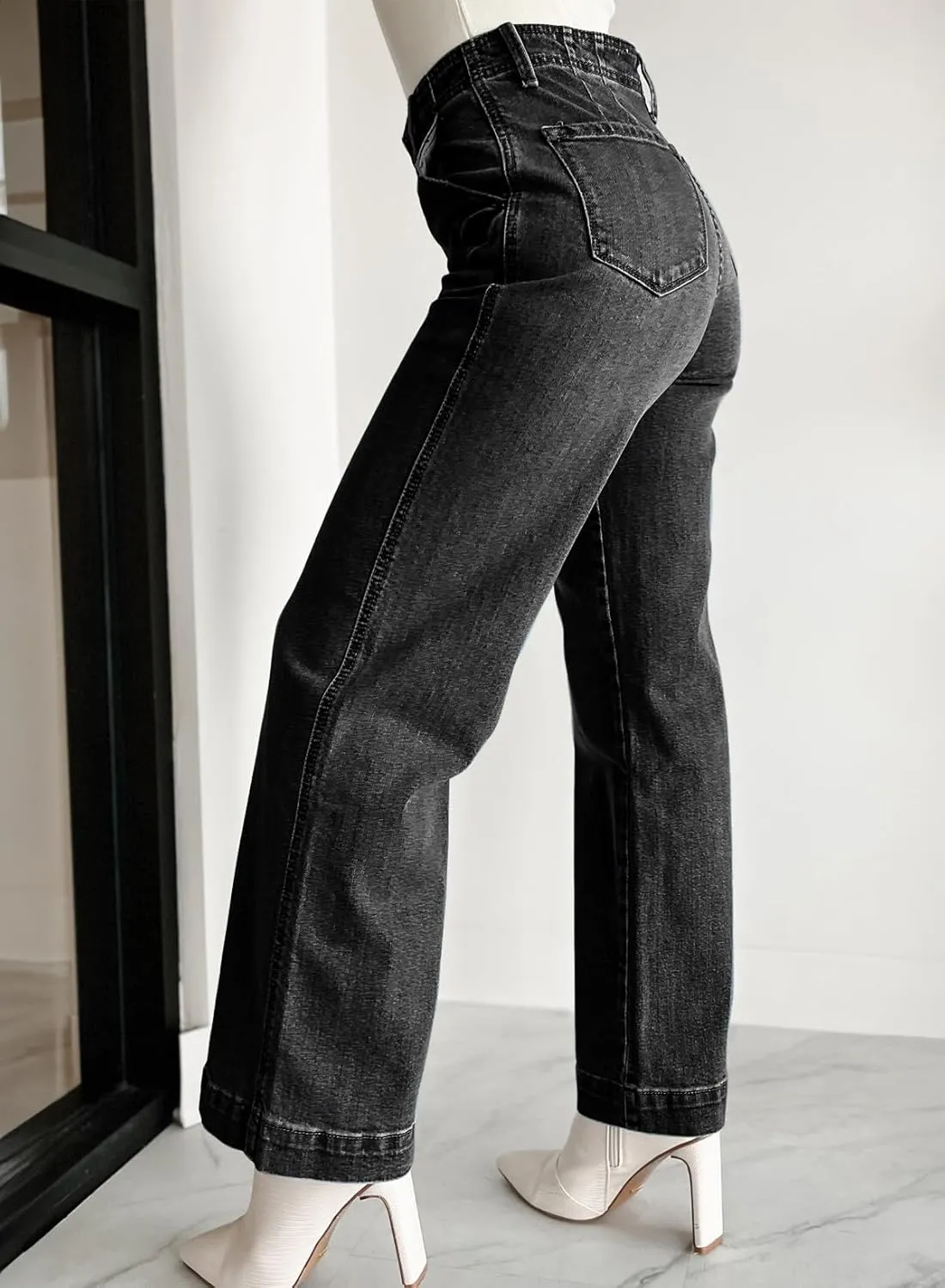 Sidefeel Women's Wide Leg Jeans High Waisted Button Fly Stretchy Straight Legs Denim Pants