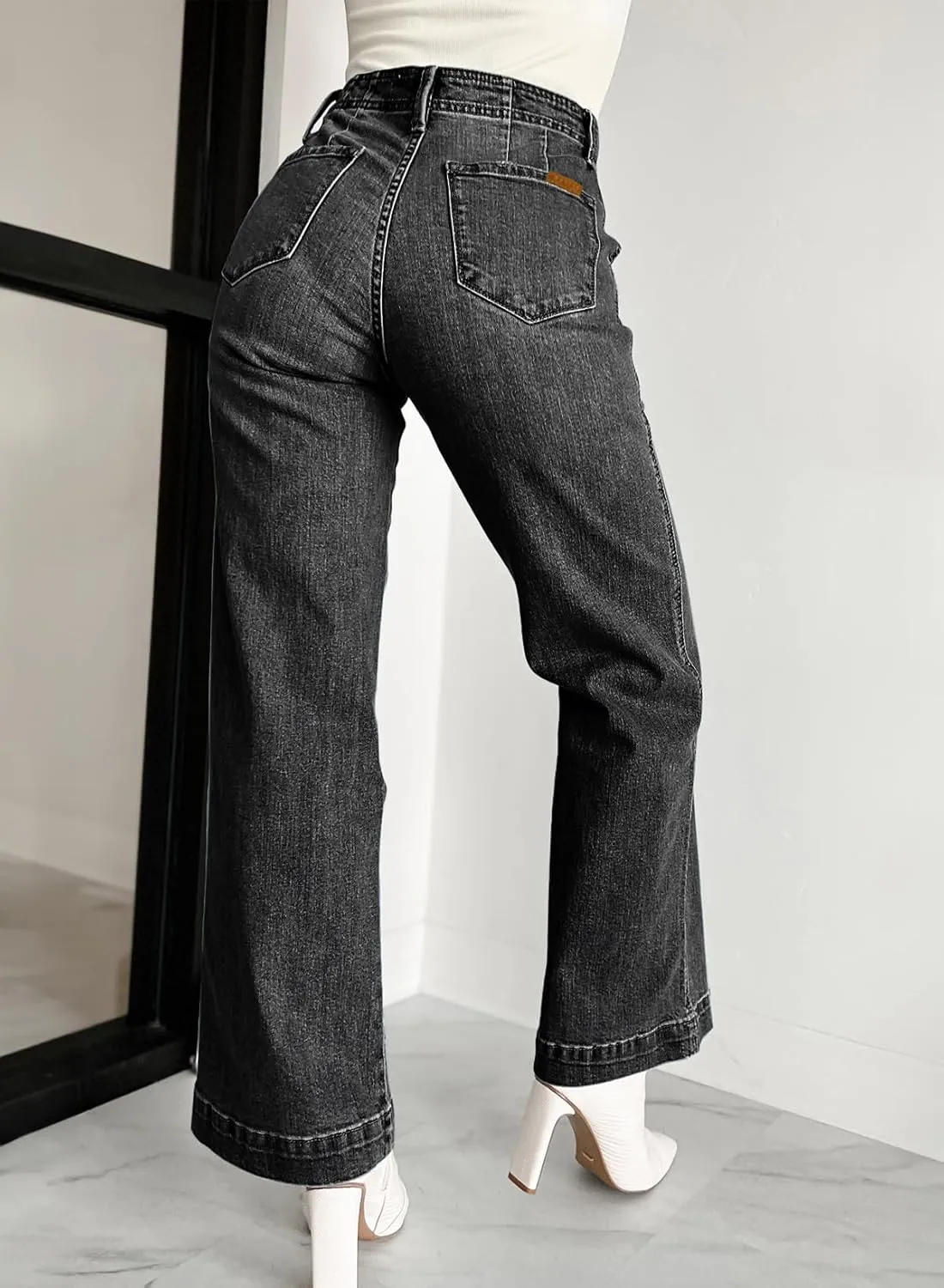 Sidefeel Women's Wide Leg Jeans High Waisted Button Fly Stretchy Straight Legs Denim Pants