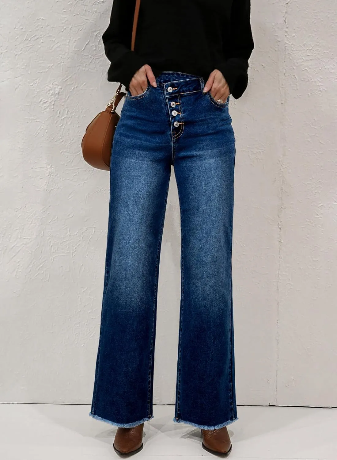Sidefeel Women's Wide Leg Jeans High Waisted Stretchy Baggy Raw Hem Button Denim Pants