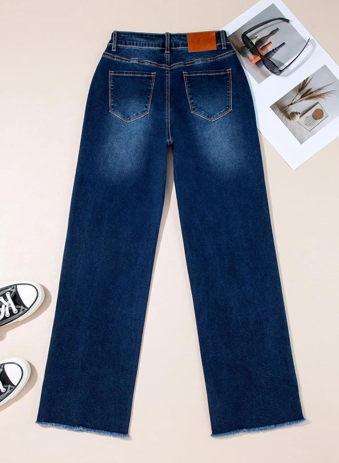 Sidefeel Women's Wide Leg Jeans High Waisted Stretchy Baggy Raw Hem Button Denim Pants