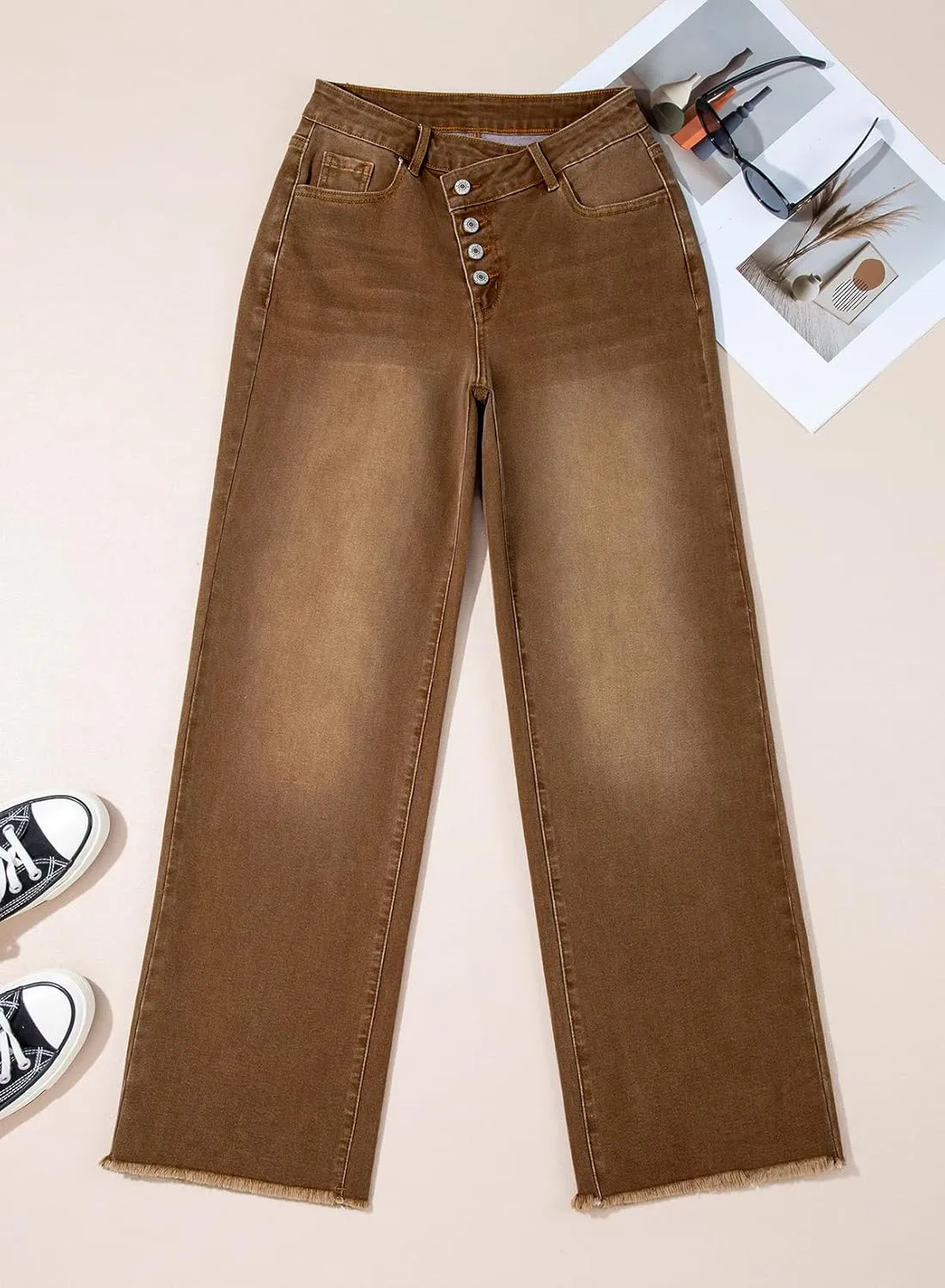 Sidefeel Women's Wide Leg Jeans High Waisted Stretchy Baggy Raw Hem Button Denim Pants
