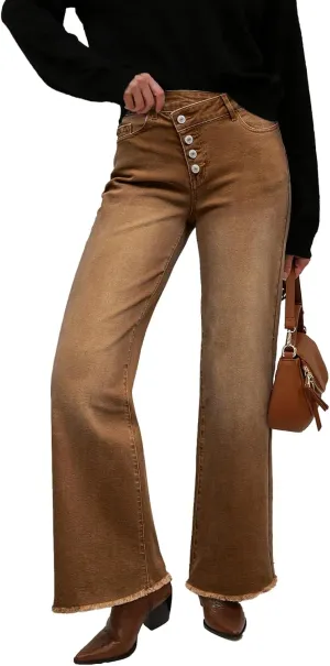 Sidefeel Women's Wide Leg Jeans High Waisted Stretchy Baggy Raw Hem Button Denim Pants