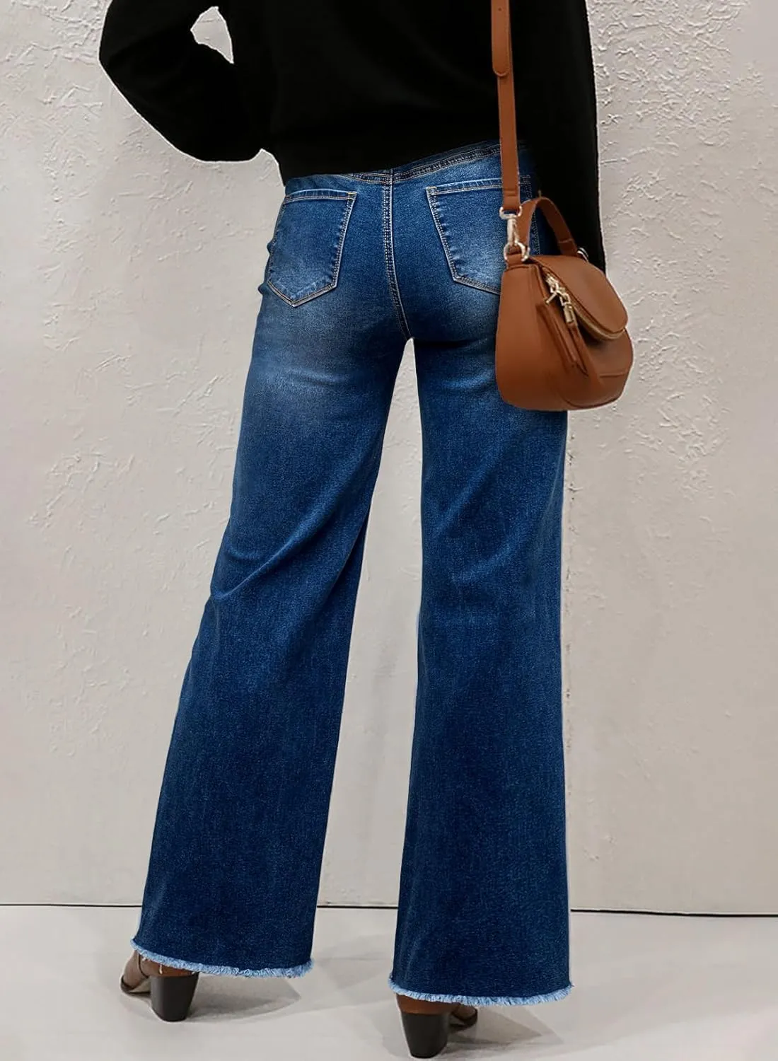 Sidefeel Women's Wide Leg Jeans High Waisted Stretchy Baggy Raw Hem Button Denim Pants