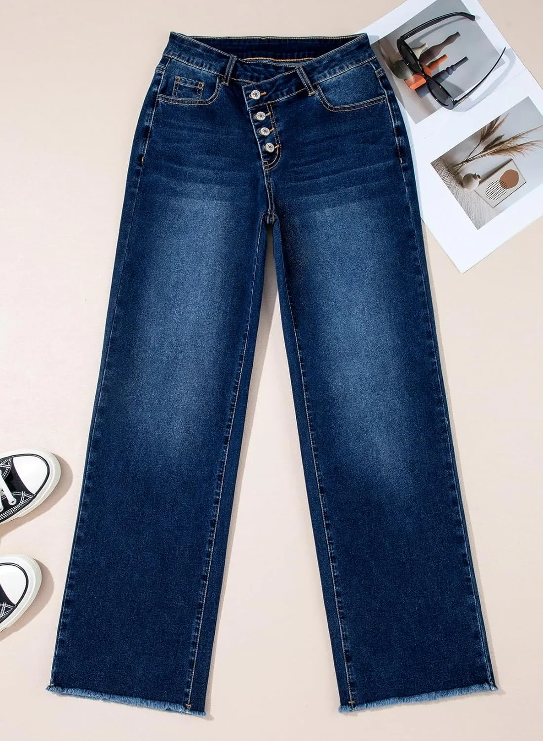 Sidefeel Women's Wide Leg Jeans High Waisted Stretchy Baggy Raw Hem Button Denim Pants