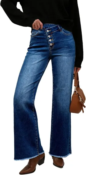 Sidefeel Women's Wide Leg Jeans High Waisted Stretchy Baggy Raw Hem Button Denim Pants