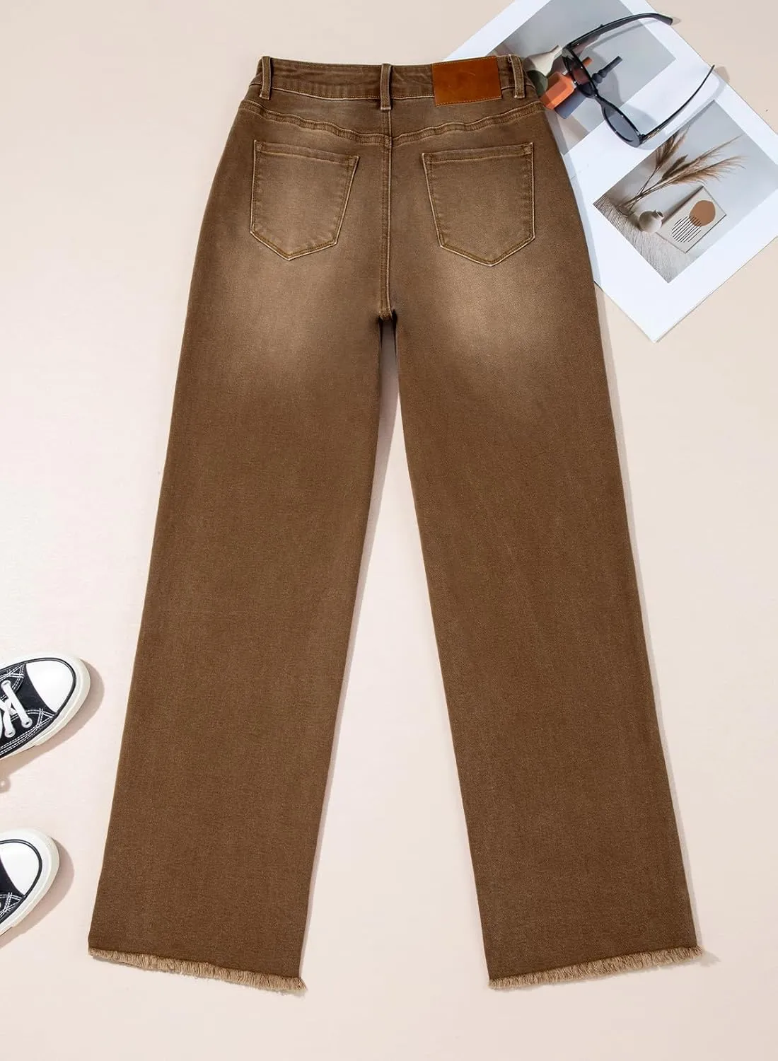 Sidefeel Women's Wide Leg Jeans High Waisted Stretchy Baggy Raw Hem Button Denim Pants
