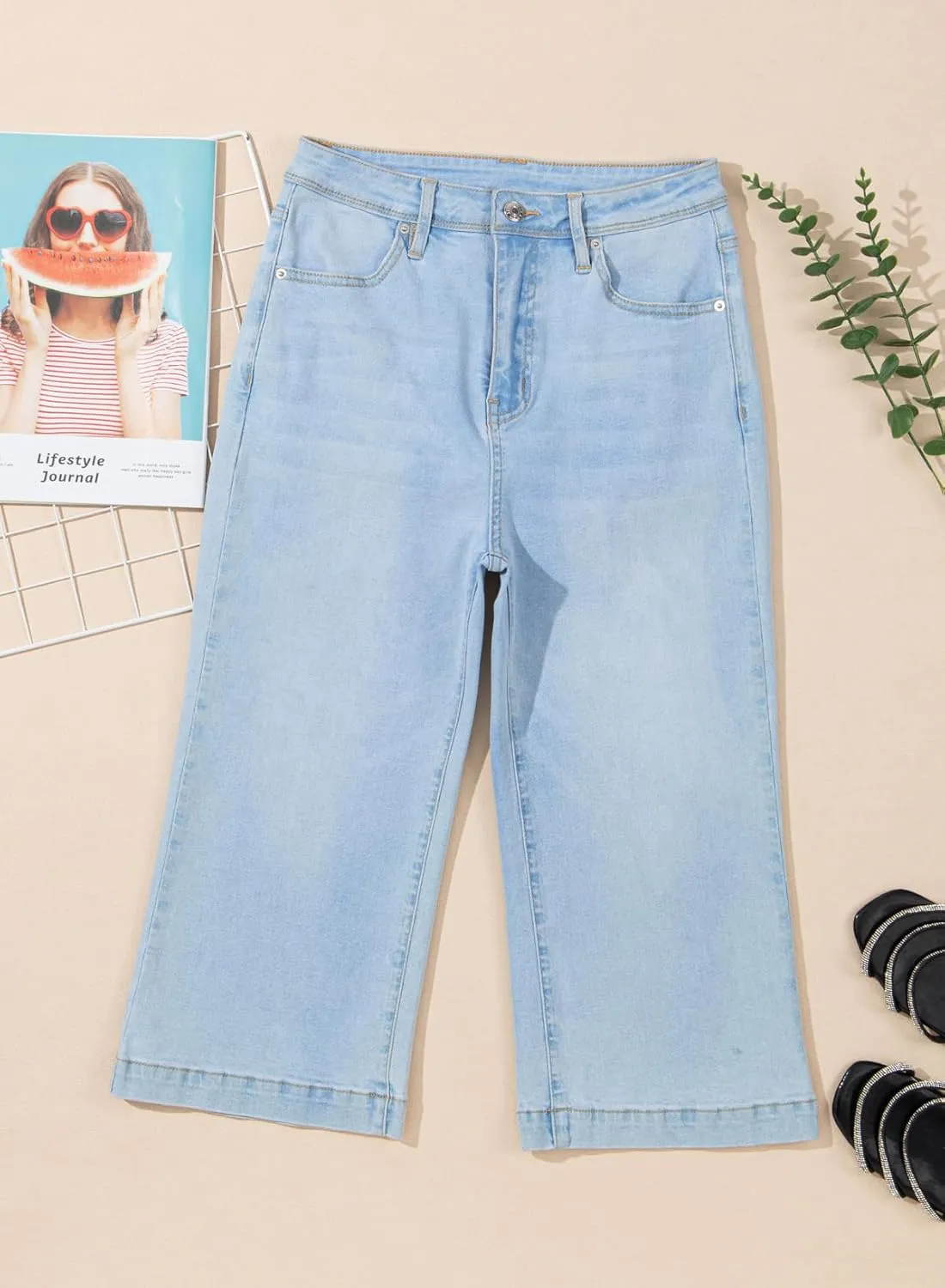 Sidefeel Women's Wide Leg Jeans High Waisted Stretchy Capri Pants