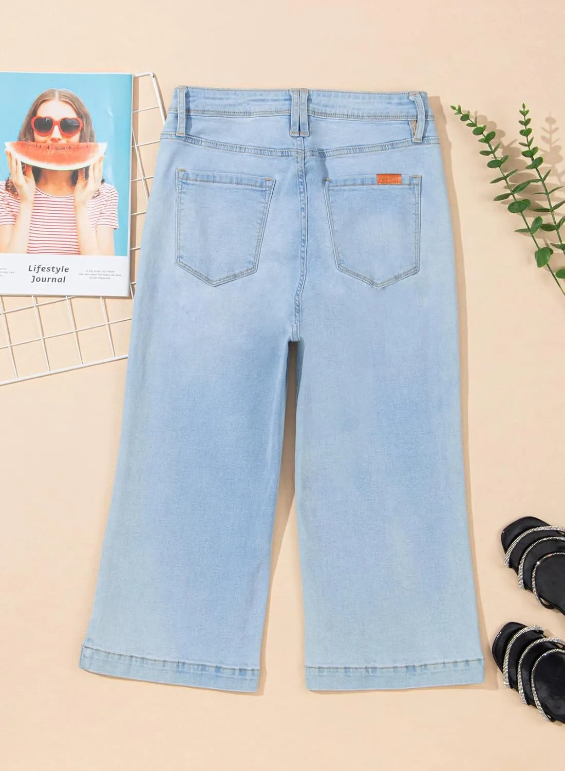 Sidefeel Women's Wide Leg Jeans High Waisted Stretchy Capri Pants