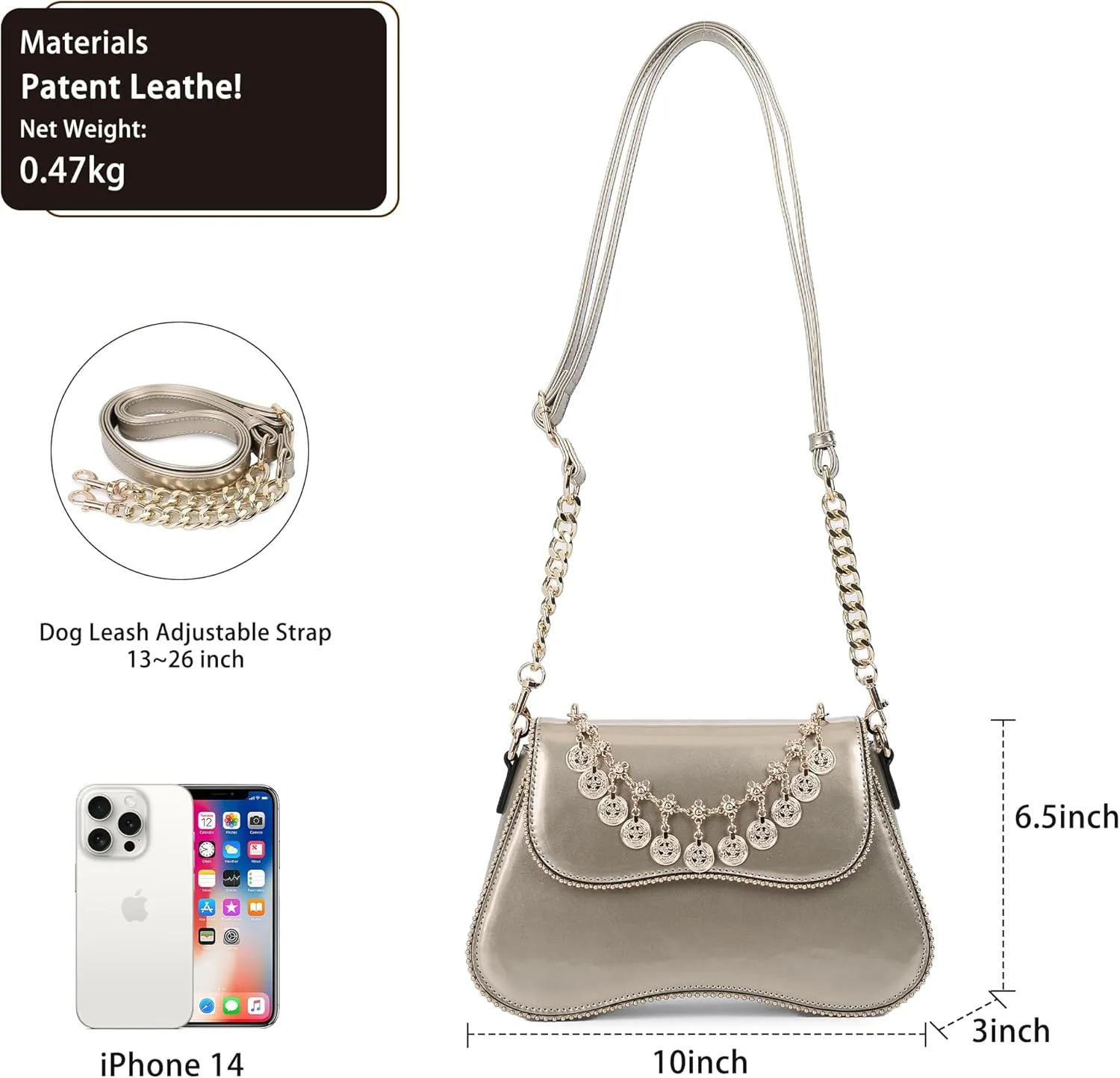 Small Patent Leather Crossbody Bags for Women Y2K Purse Trendy Hobo Handbag Designer Studded Shoulder Bag