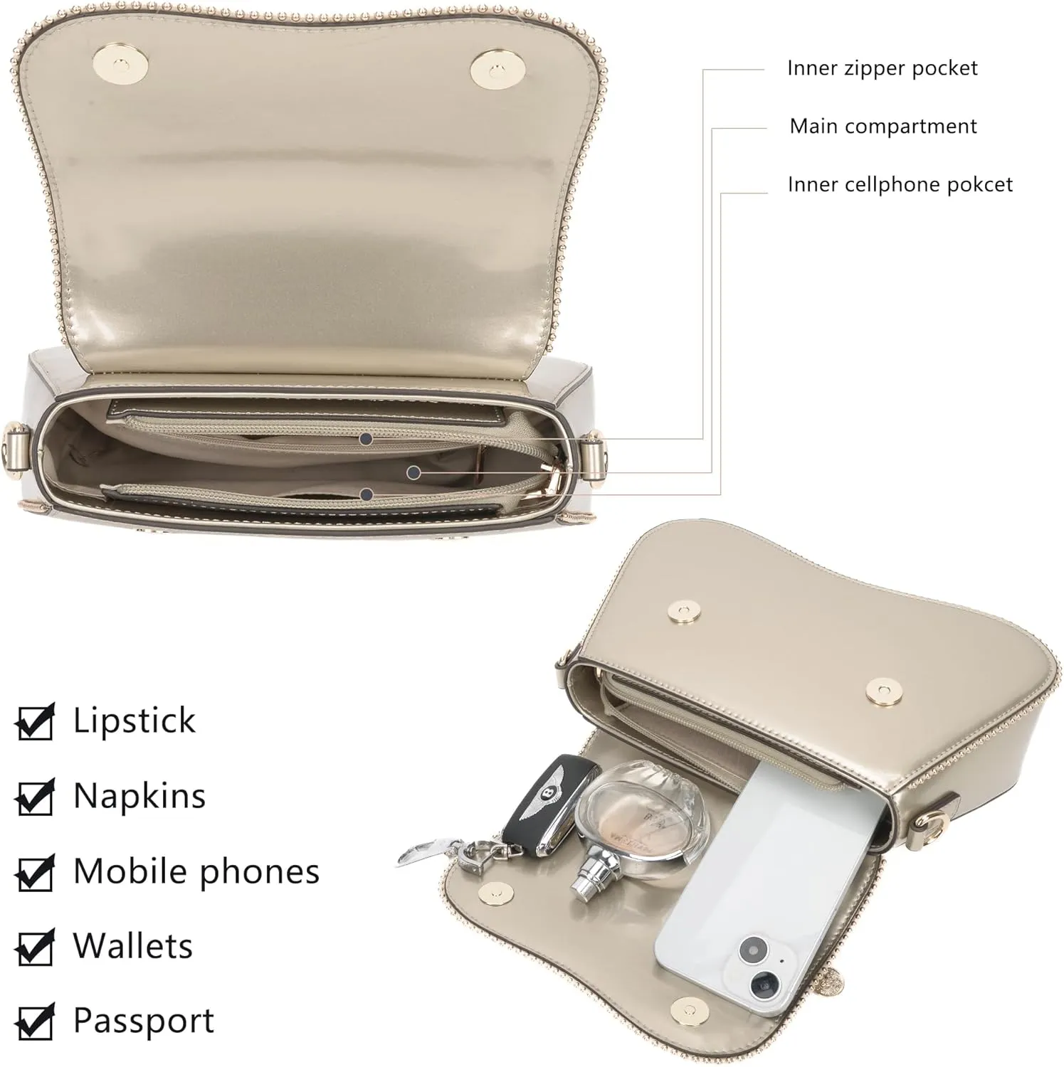 Small Patent Leather Crossbody Bags for Women Y2K Purse Trendy Hobo Handbag Designer Studded Shoulder Bag
