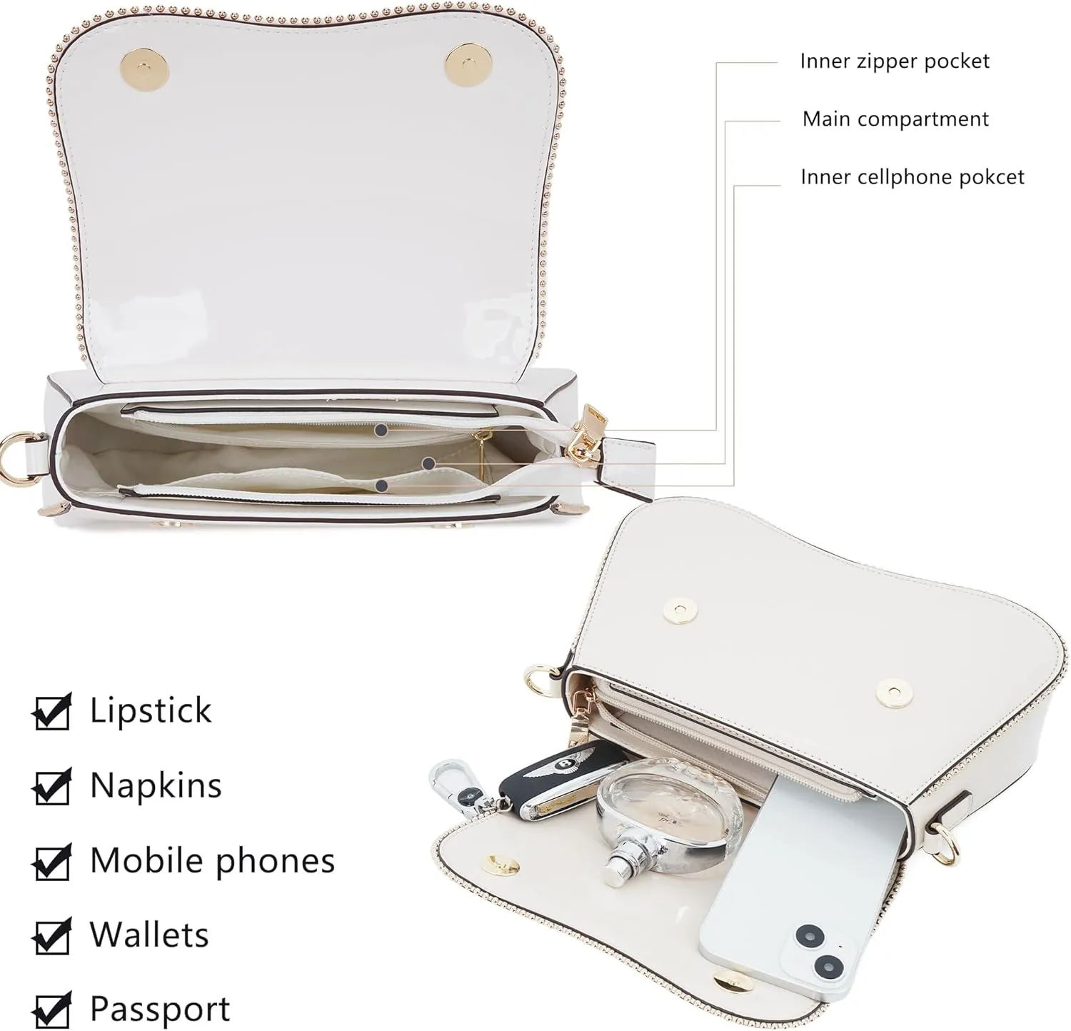 Small Patent Leather Crossbody Bags for Women Y2K Purse Trendy Hobo Handbag Designer Studded Shoulder Bag