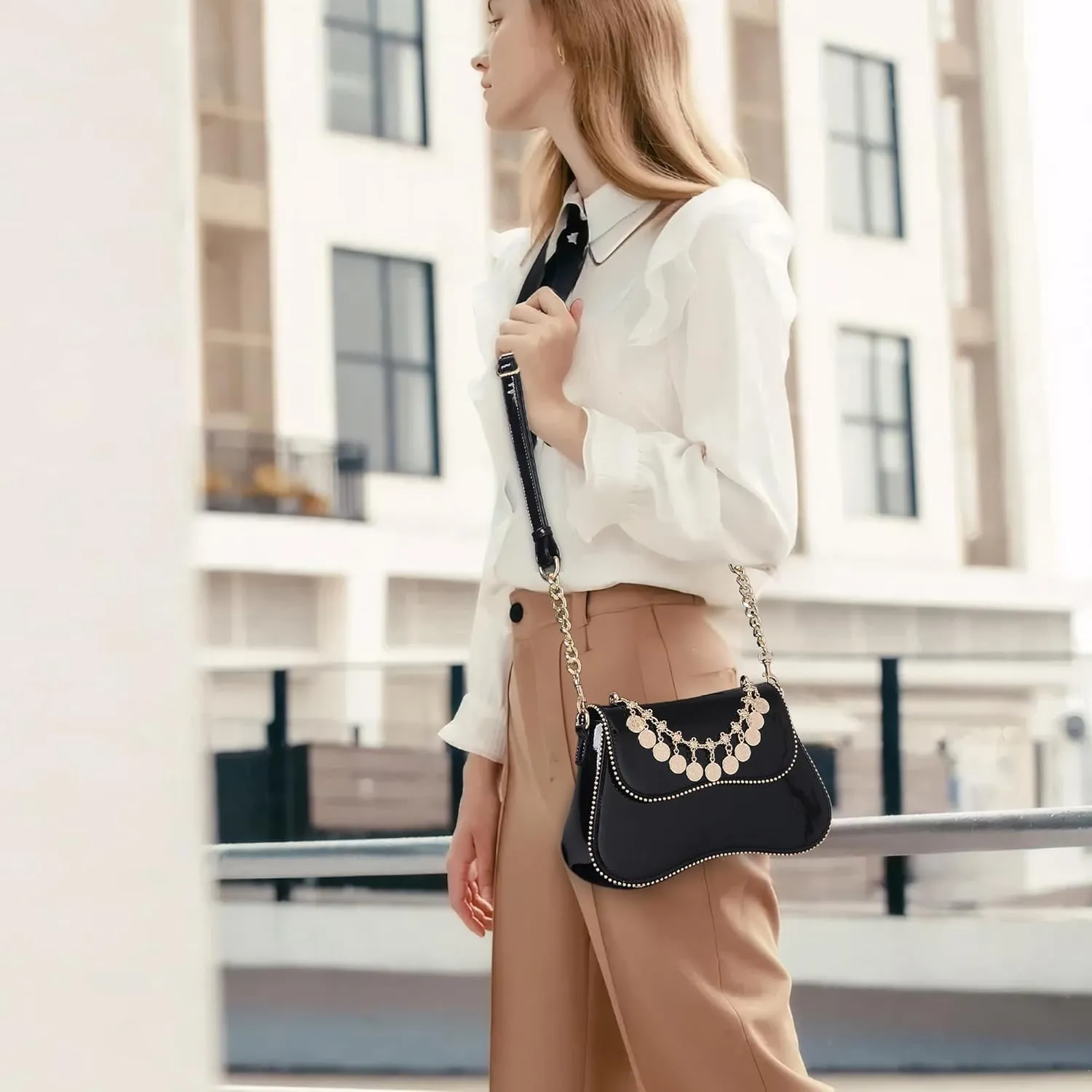 Small Patent Leather Crossbody Bags for Women Y2K Purse Trendy Hobo Handbag Designer Studded Shoulder Bag