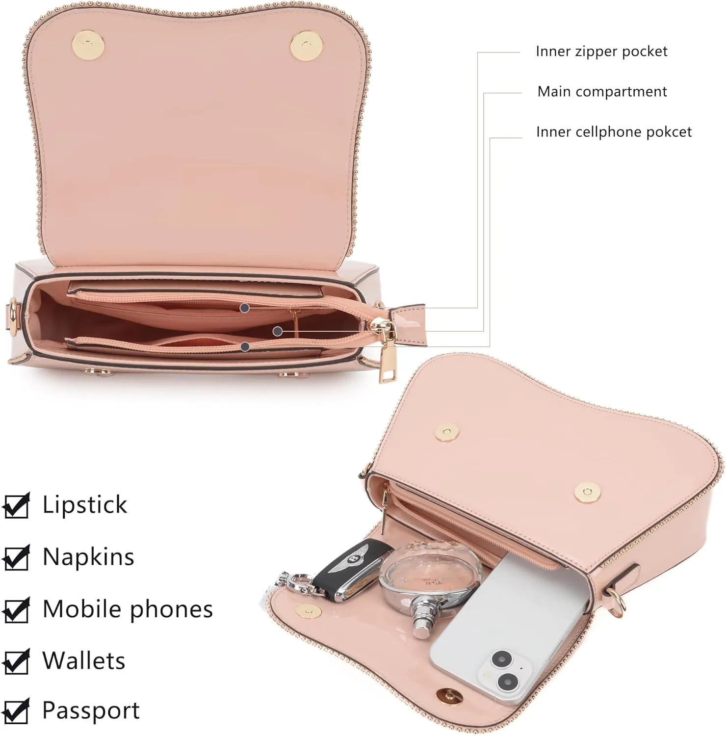 Small Patent Leather Crossbody Bags for Women Y2K Purse Trendy Hobo Handbag Designer Studded Shoulder Bag