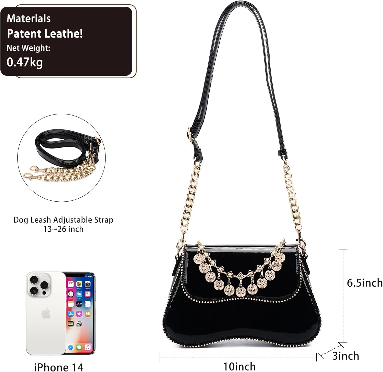 Small Patent Leather Crossbody Bags for Women Y2K Purse Trendy Hobo Handbag Designer Studded Shoulder Bag