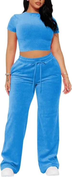 SMSN Women 2 Piece Outfits Velvet Sweatsuit Set Casual Short Sleeve Pullover Tops and Wide Leg Sweatpant Tracksuit Sets