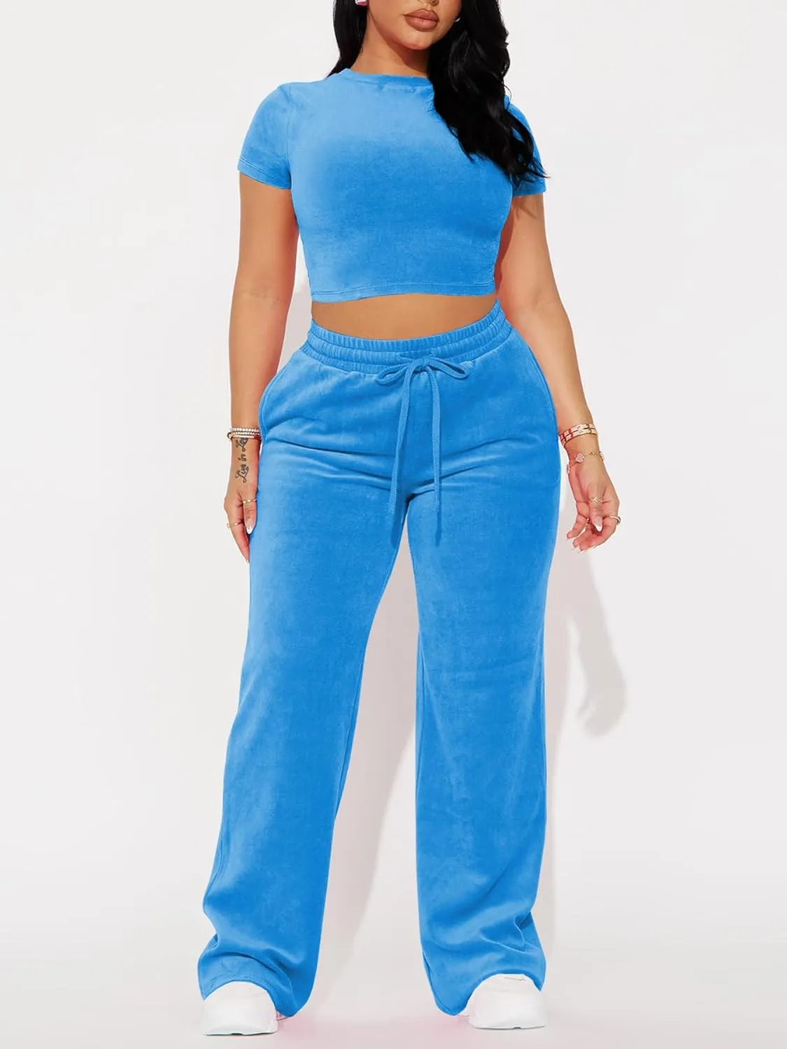 SMSN Women 2 Piece Outfits Velvet Sweatsuit Set Casual Short Sleeve Pullover Tops and Wide Leg Sweatpant Tracksuit Sets