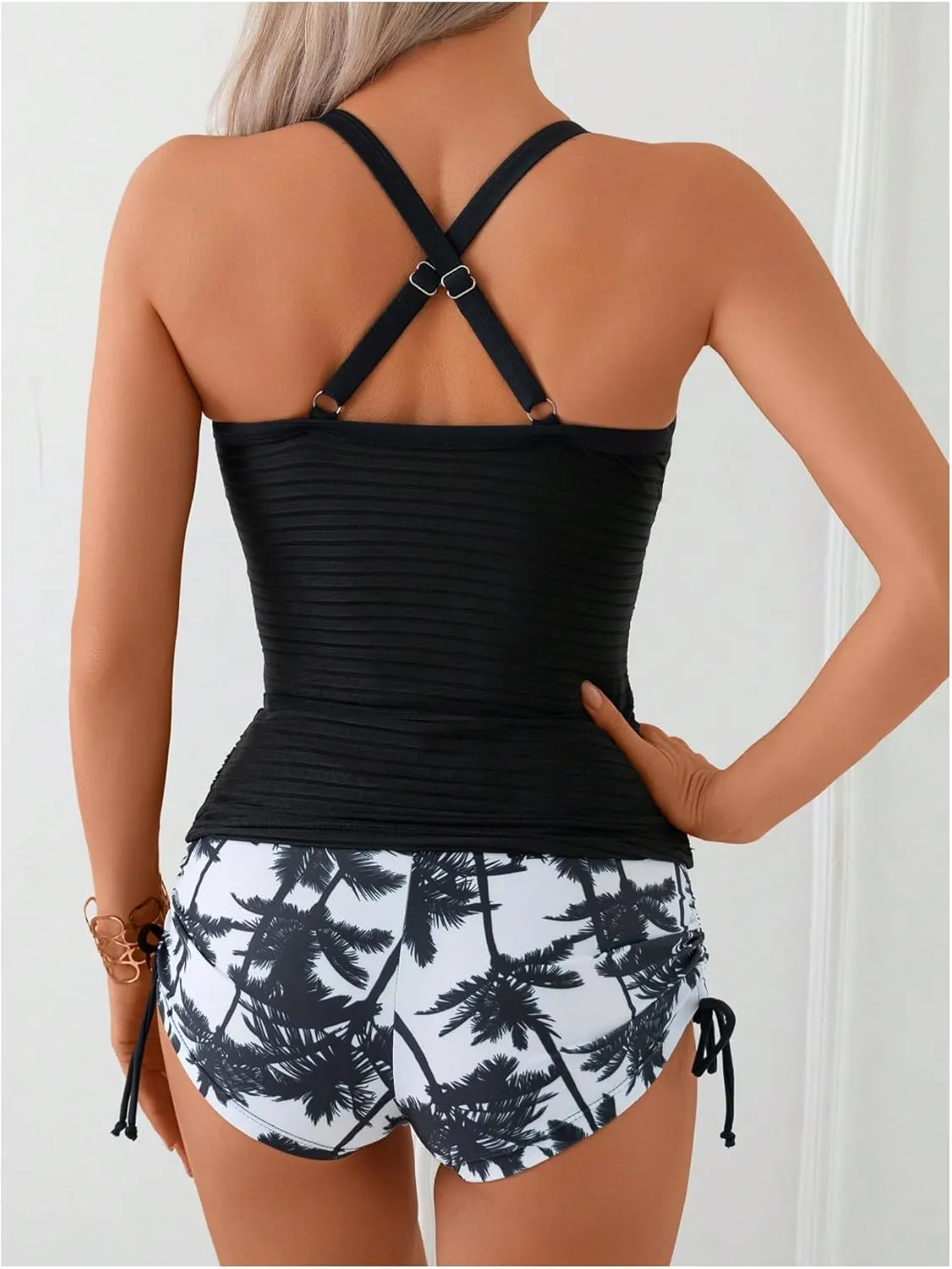 SOLY HUX Tankini Swimsuits for Women Ruched Swim Tops and Tropical Print Drawstring Shorts Two Piece Bathing Suit