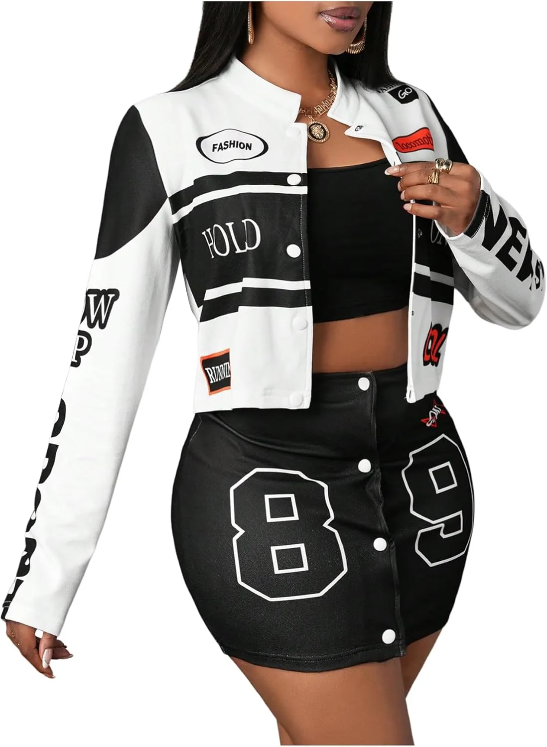 SOLY HUX Women's 3 Piece Outfits Long Sleeve Varsity Jacket and Cami Tops with Mini Skirt Set Y2k Vintage Streetwear