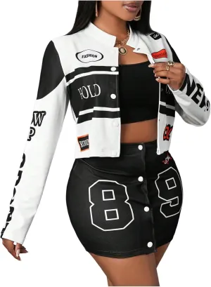 SOLY HUX Women's 3 Piece Outfits Long Sleeve Varsity Jacket and Cami Tops with Mini Skirt Set Y2k Vintage Streetwear