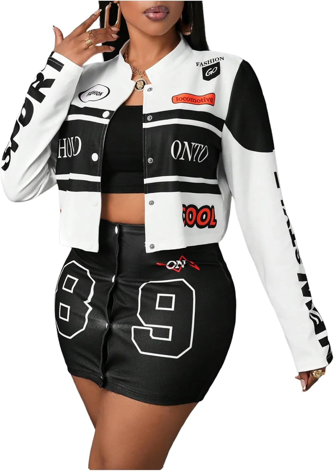 SOLY HUX Women's 3 Piece Outfits Long Sleeve Varsity Jacket and Cami Tops with Mini Skirt Set Y2k Vintage Streetwear