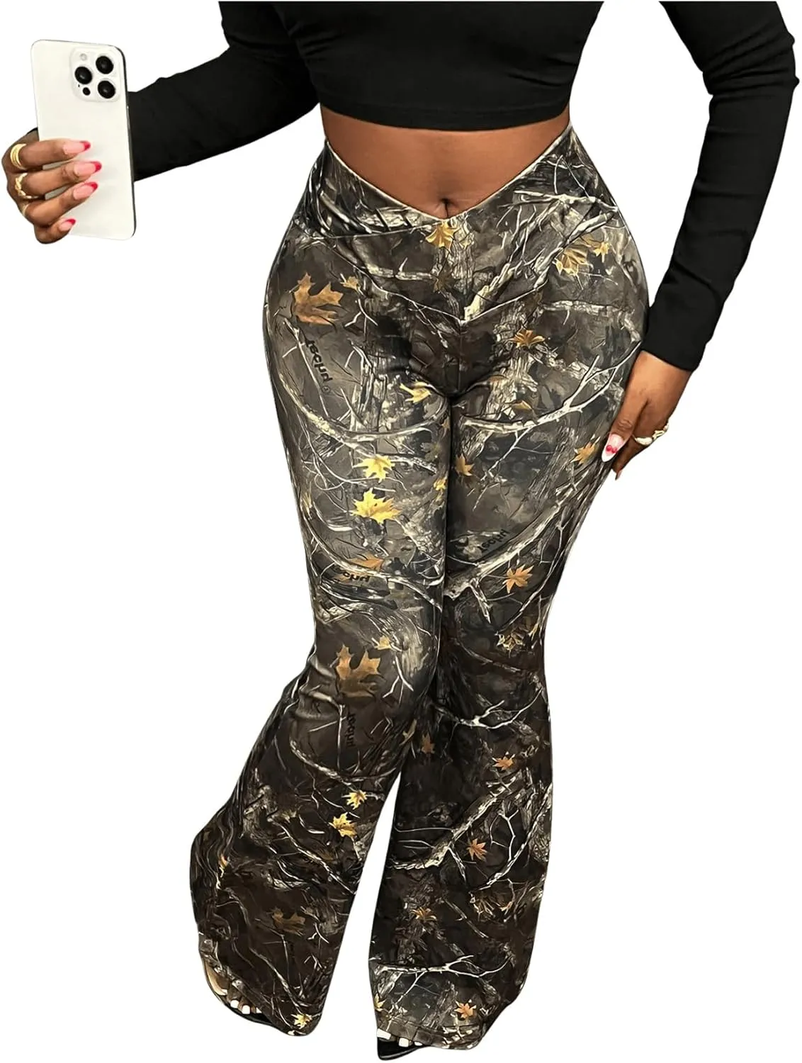 SOLY HUX Women's Camo Pants Maple Leaf Print Elastic Waist Flare Leg Pants Casual Long Trousers