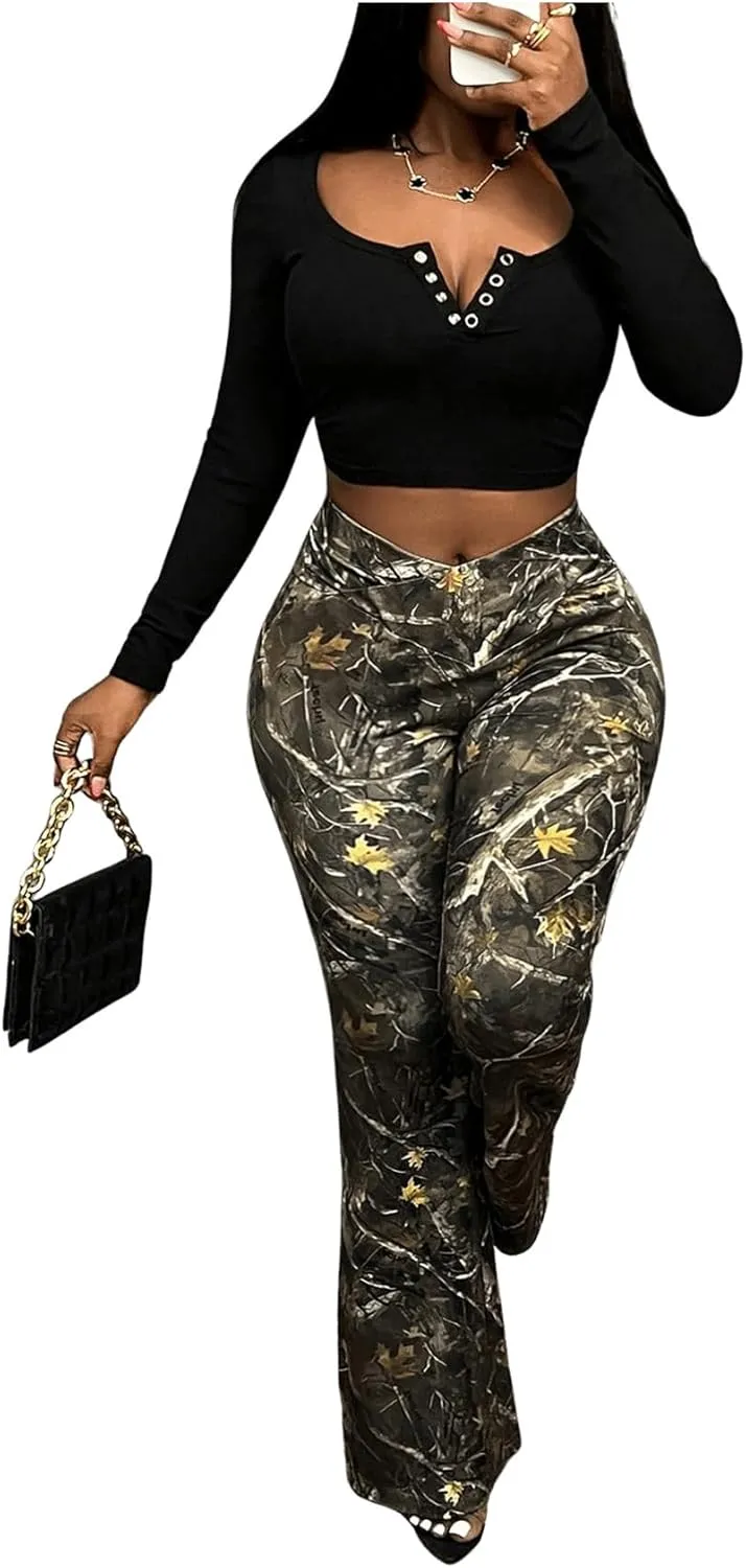 SOLY HUX Women's Camo Pants Maple Leaf Print Elastic Waist Flare Leg Pants Casual Long Trousers