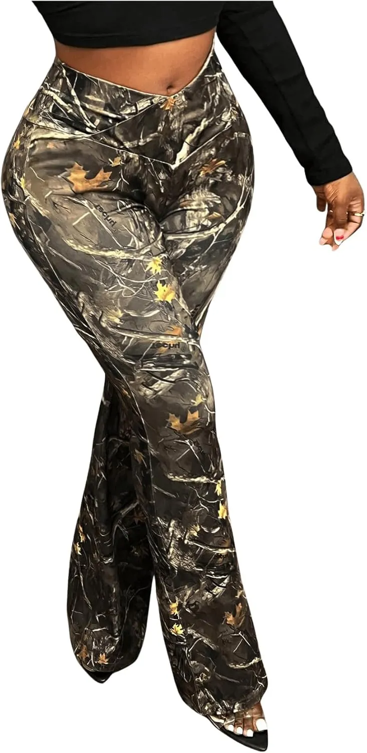 SOLY HUX Women's Camo Pants Maple Leaf Print Elastic Waist Flare Leg Pants Casual Long Trousers