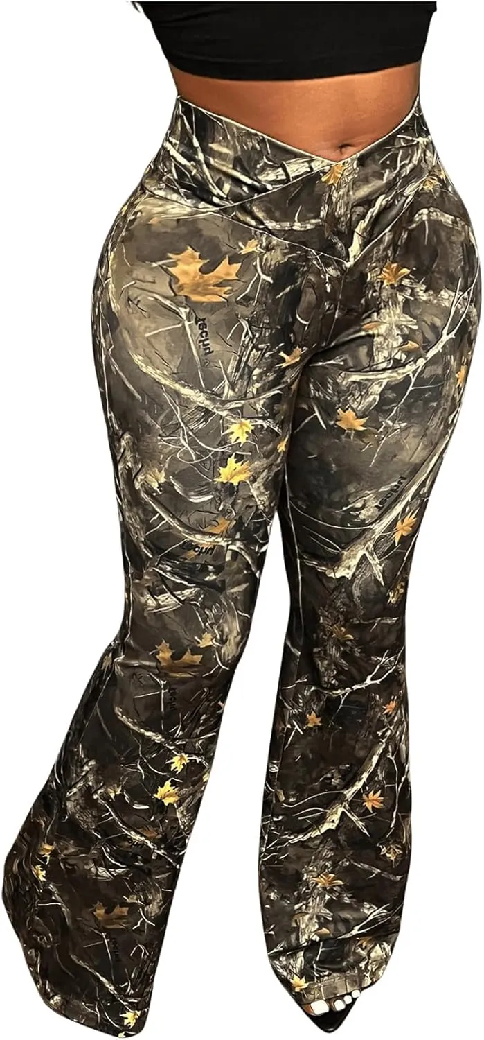 SOLY HUX Women's Camo Pants Maple Leaf Print Elastic Waist Flare Leg Pants Casual Long Trousers