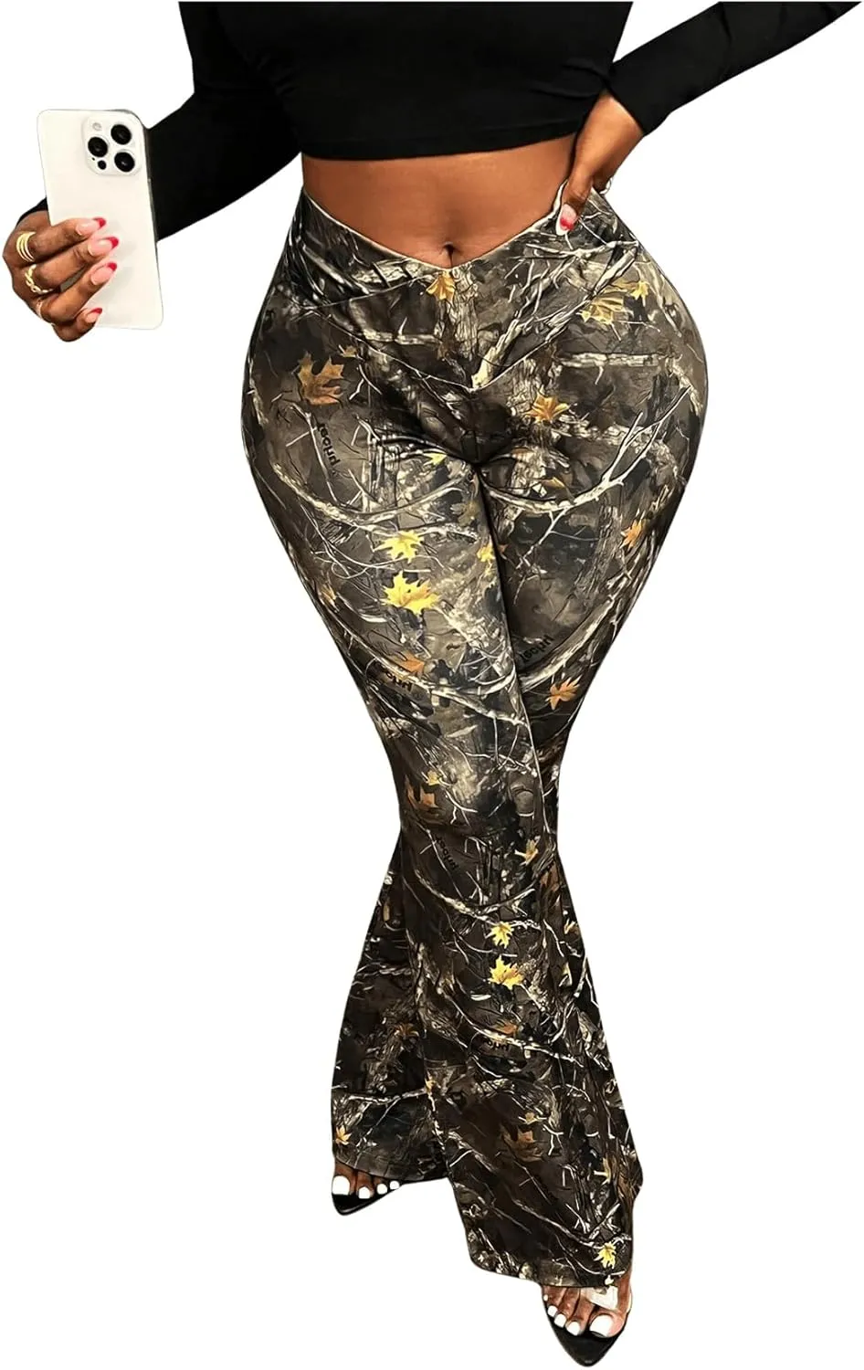 SOLY HUX Women's Camo Pants Maple Leaf Print Elastic Waist Flare Leg Pants Casual Long Trousers