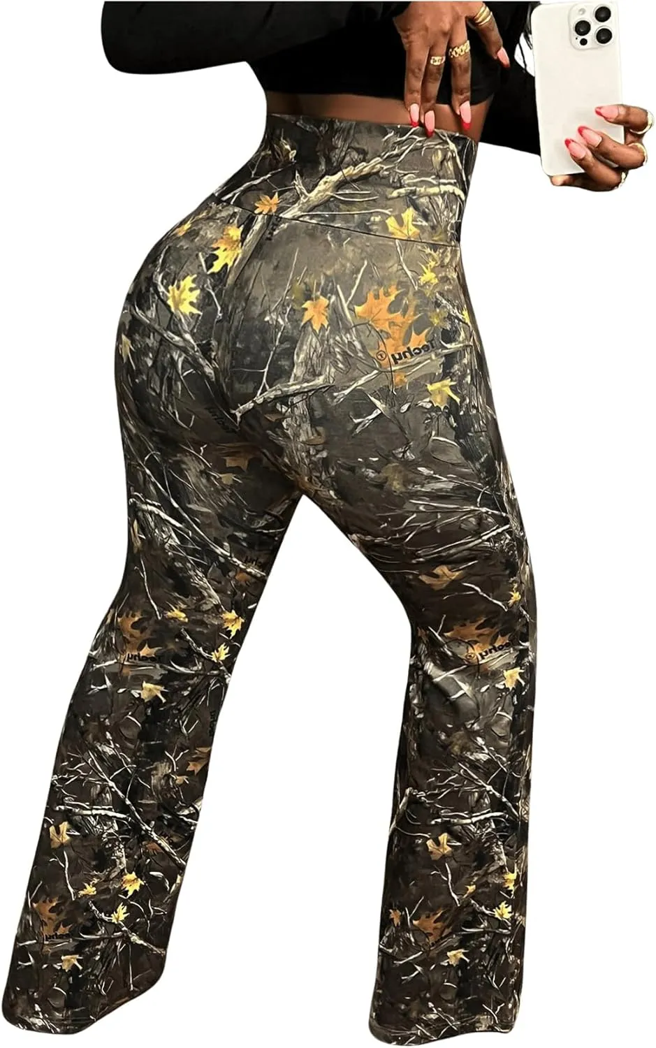 SOLY HUX Women's Camo Pants Maple Leaf Print Elastic Waist Flare Leg Pants Casual Long Trousers