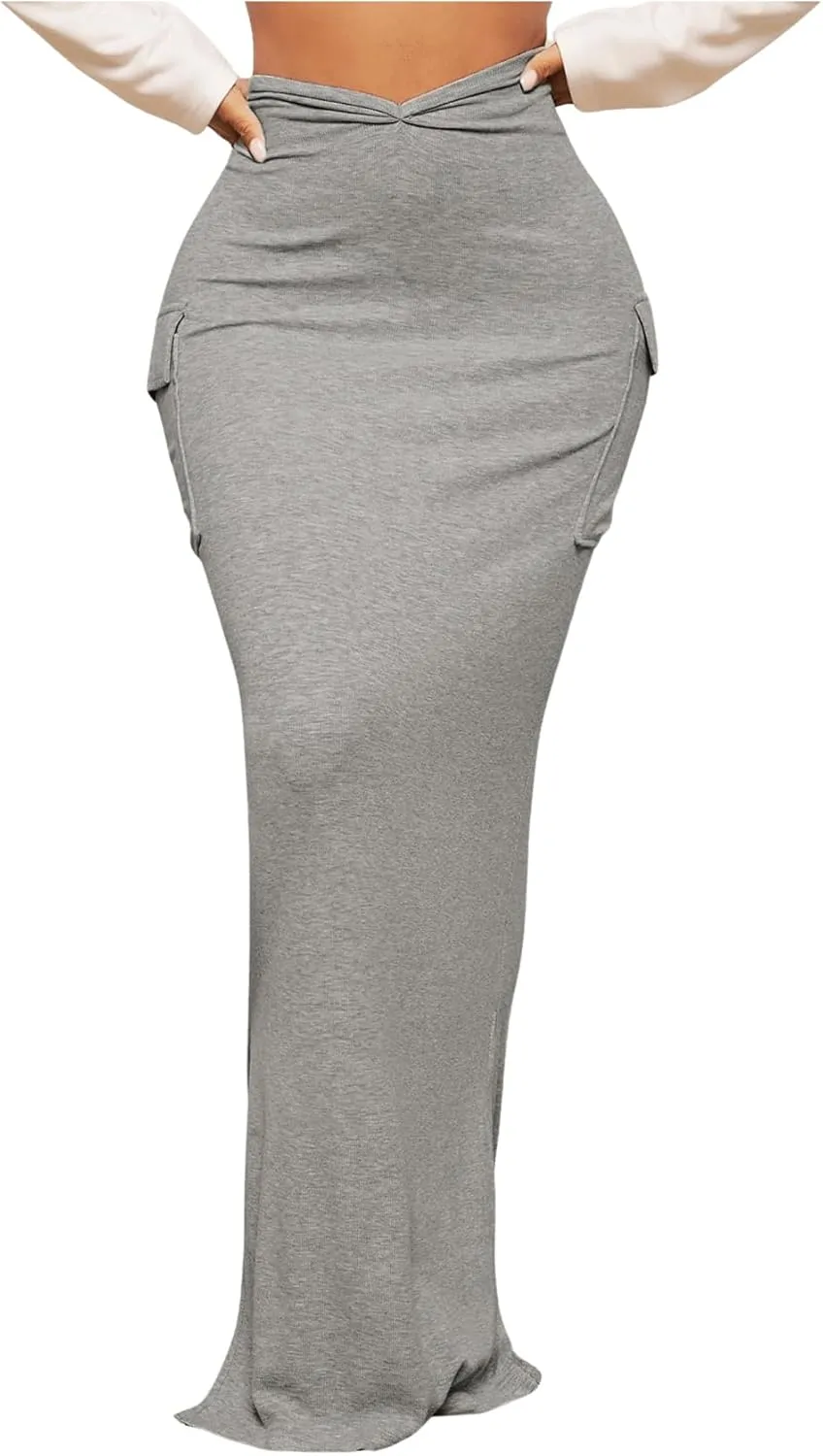 SOLY HUX Women's High Waisted Pocket Side Split Hem Bodycon Pencil Skirt Long Maxi Skirts