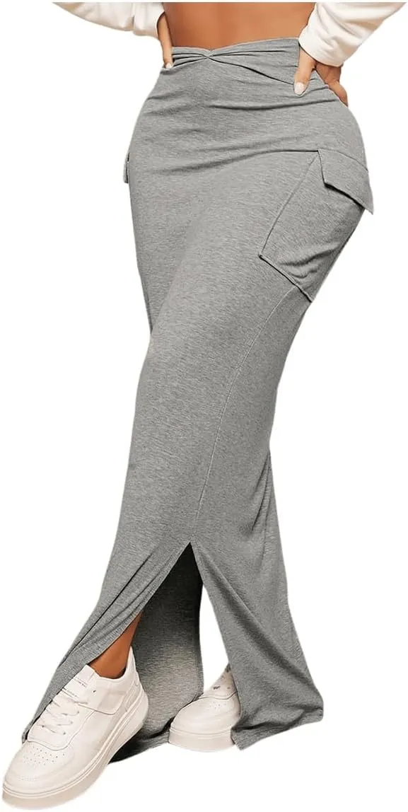SOLY HUX Women's High Waisted Pocket Side Split Hem Bodycon Pencil Skirt Long Maxi Skirts