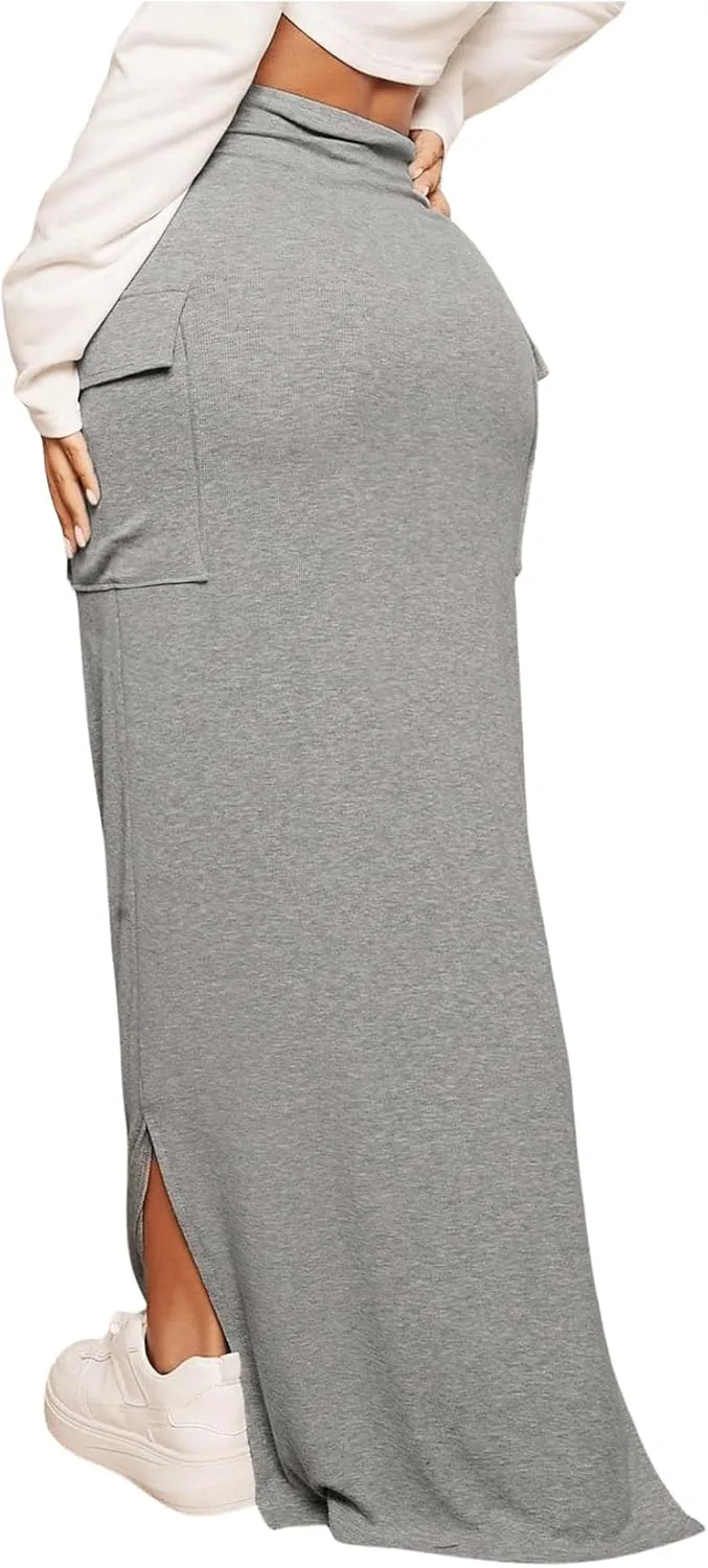 SOLY HUX Women's High Waisted Pocket Side Split Hem Bodycon Pencil Skirt Long Maxi Skirts