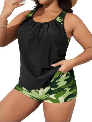 SOLY HUX Women's Plus Size Tankini Set Floral Print Tops and Shorts Bikini Bathing Suits 2 Piece Swimsuit