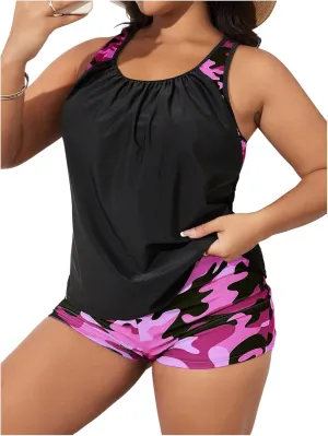 SOLY HUX Women's Plus Size Tankini Set Floral Print Tops and Shorts Bikini Bathing Suits 2 Piece Swimsuit