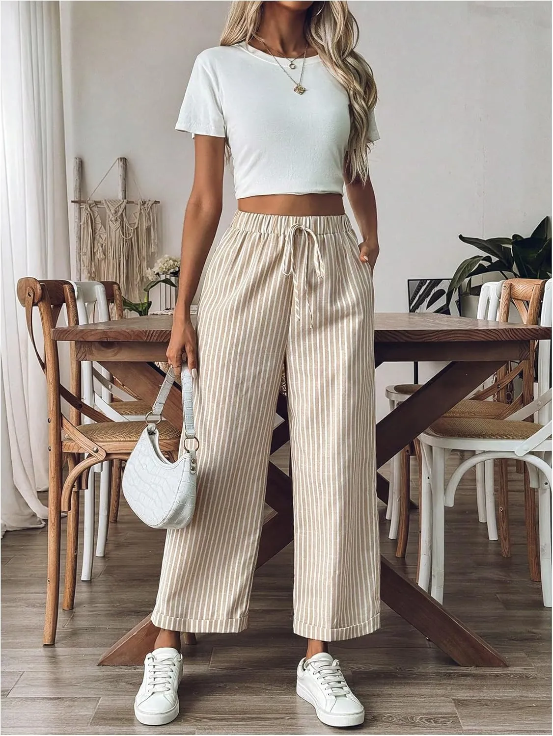SOLY HUX Women's Striped Pants Tie Front High Waisted Wide Leg Pants with Pockets