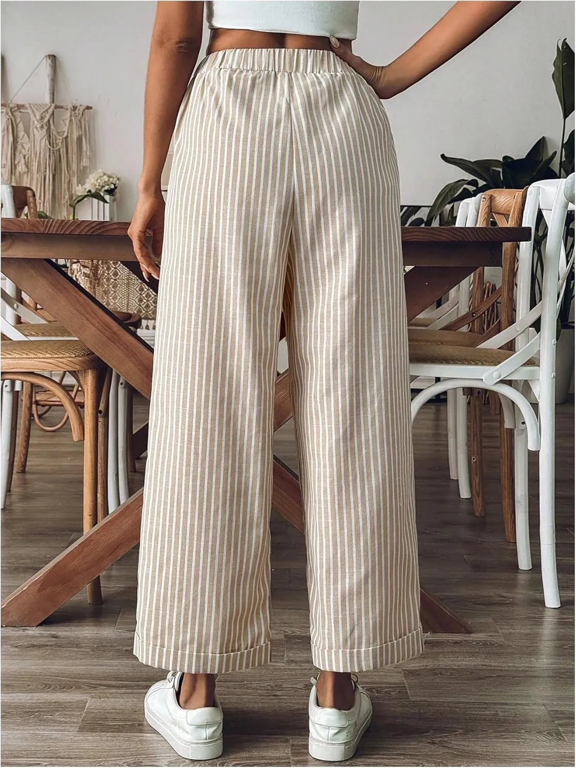 SOLY HUX Women's Striped Pants Tie Front High Waisted Wide Leg Pants with Pockets