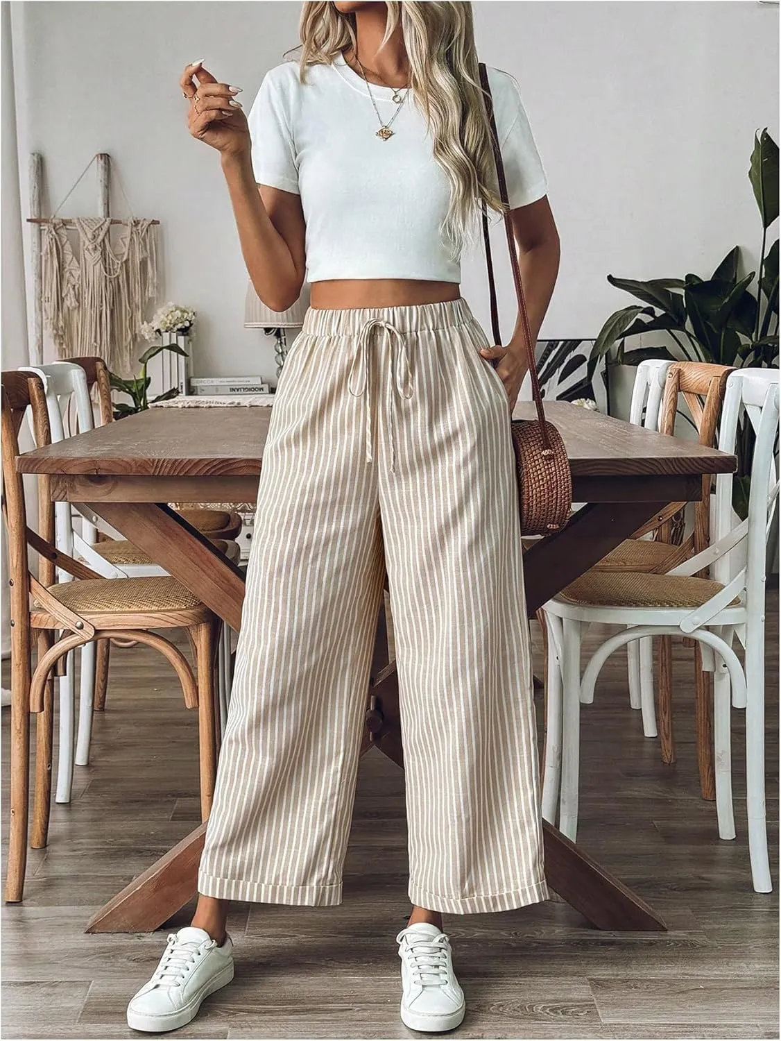 SOLY HUX Women's Striped Pants Tie Front High Waisted Wide Leg Pants with Pockets