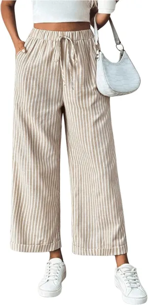 SOLY HUX Women's Striped Pants Tie Front High Waisted Wide Leg Pants with Pockets