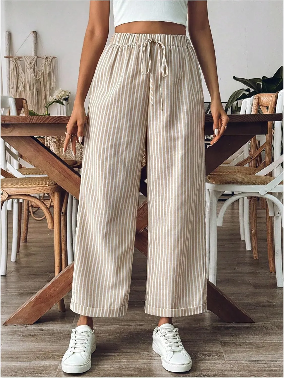 SOLY HUX Women's Striped Pants Tie Front High Waisted Wide Leg Pants with Pockets