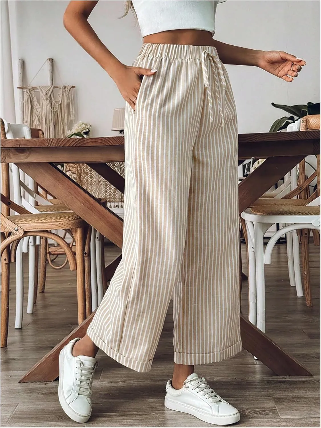 SOLY HUX Women's Striped Pants Tie Front High Waisted Wide Leg Pants with Pockets