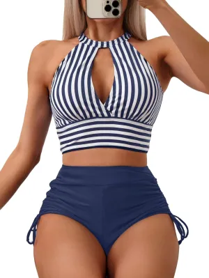 SOLY HUX Women's Tankini Set Striped Cut Out Tops and Drawstring Side Shorts Bikini Bathing Suits 2 Piece Swimsuit
