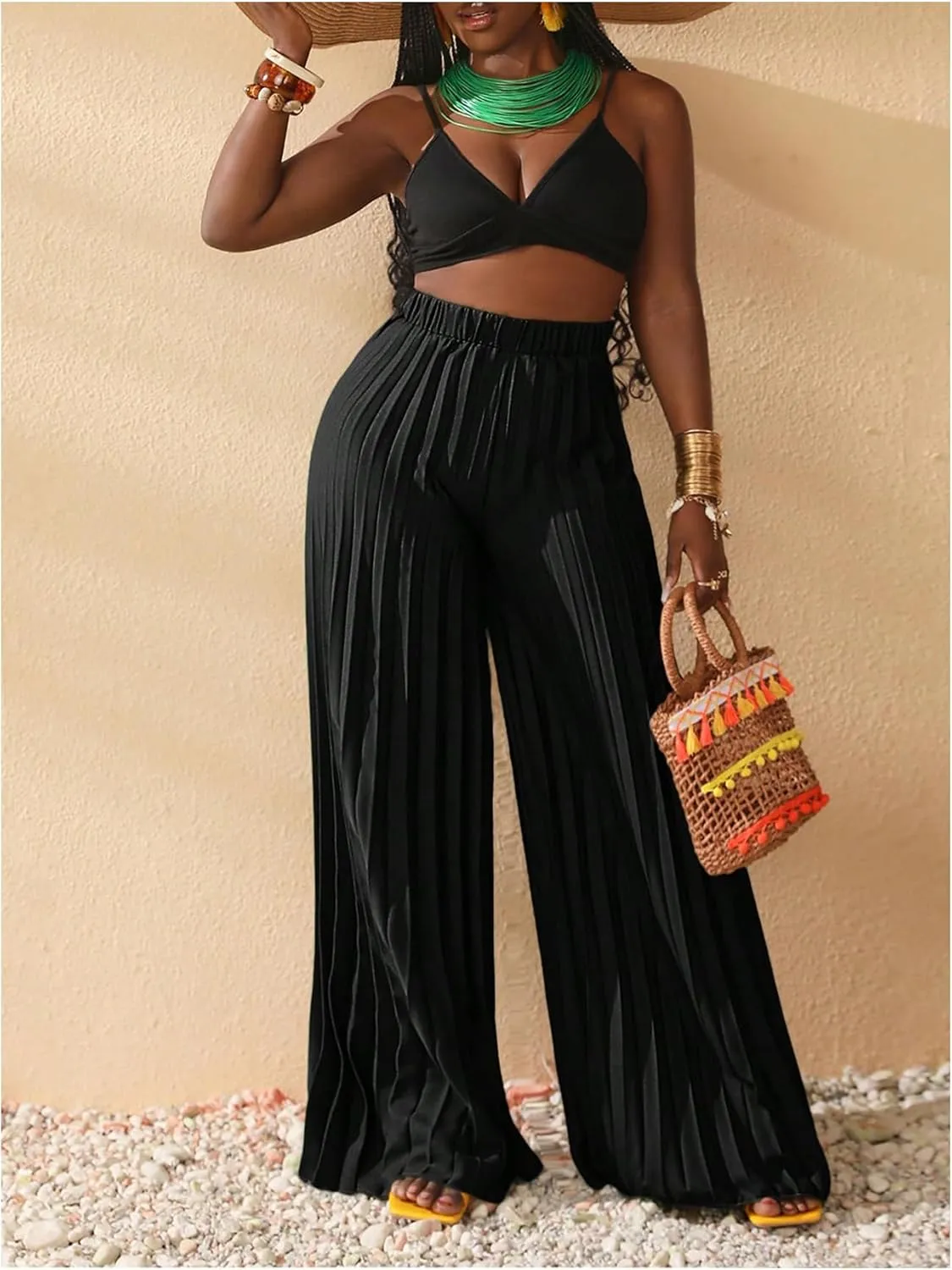 SOLY HUX Women's Wide Leg Palazzo Pleated Pants High Waisted Flowy Loose Dressy Casual Long Trousers