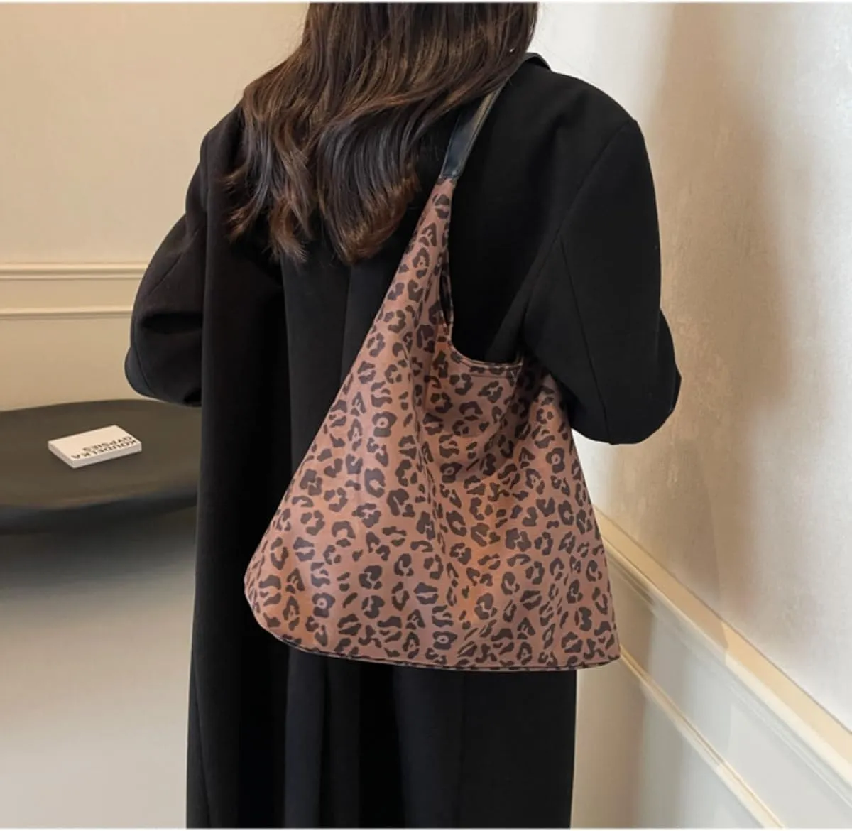 Suede Tote Bag for Women Retro Vintage Leopard Print Hobo Shoulder Tote Bag Large Slouchy Bags for Travel College